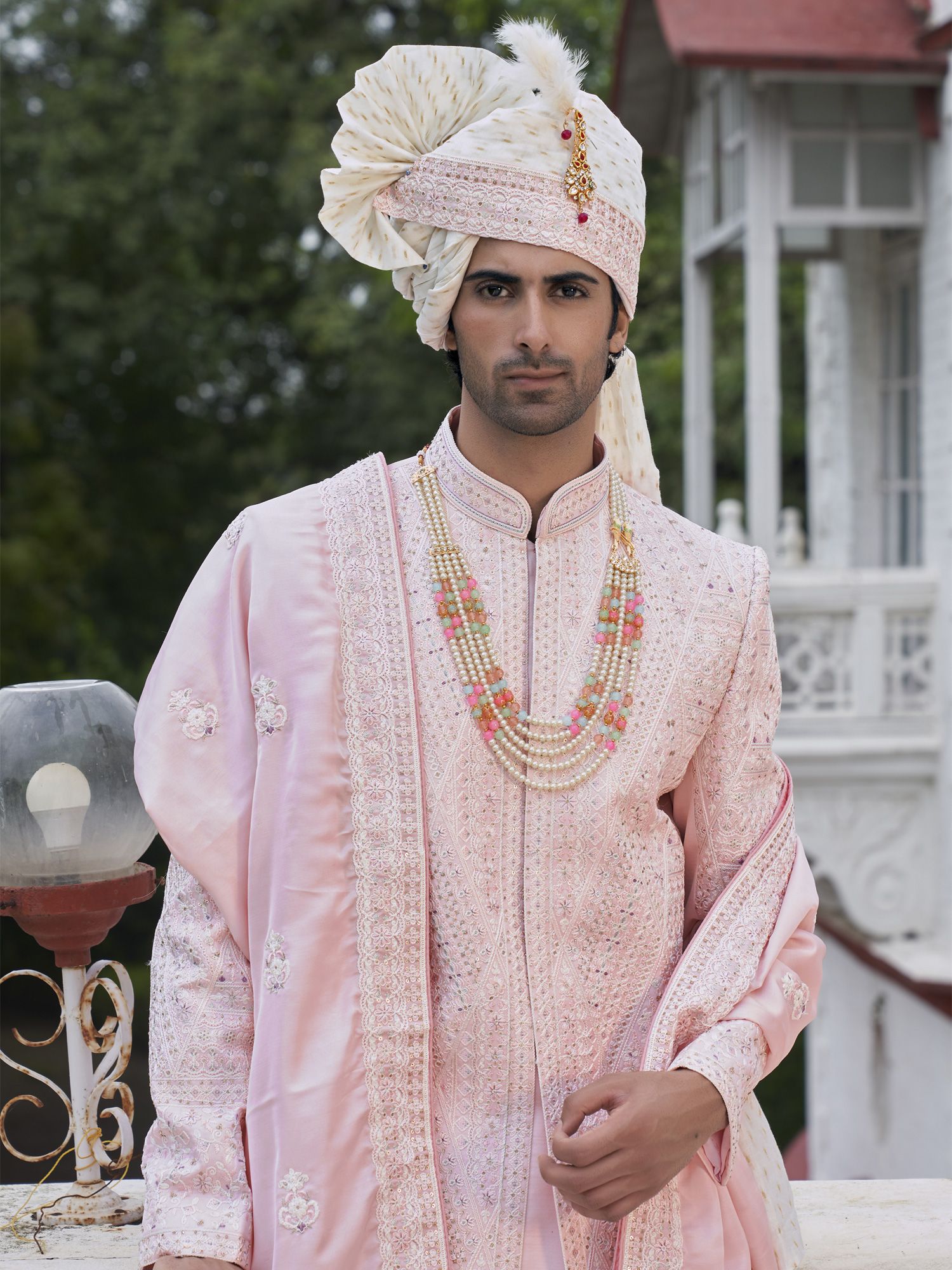 Pink Achkan Style Sherwani In Thread Work Embroidery