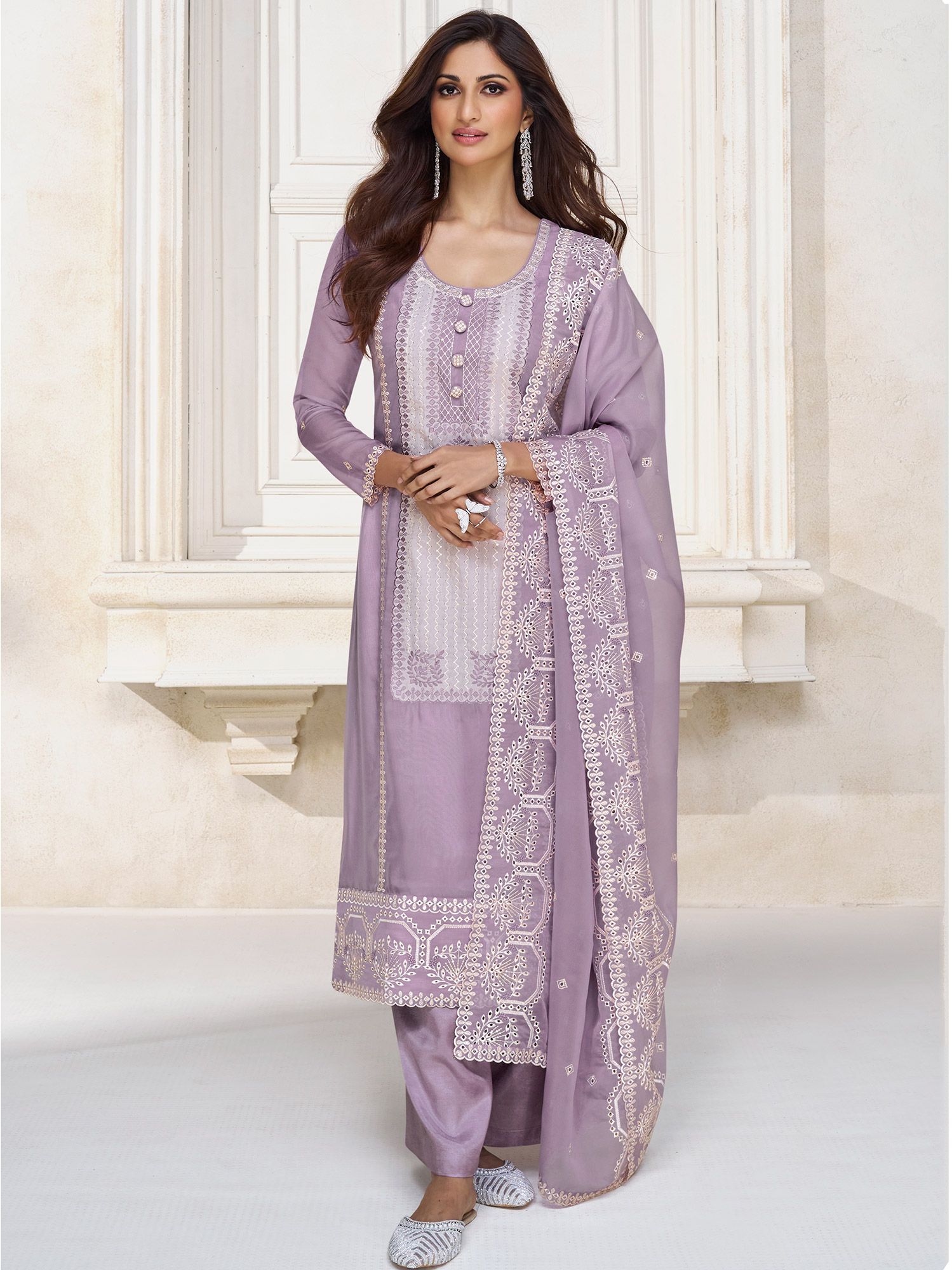 Purple Woven Pant Suit In Banarasi Silk