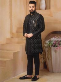 Black Colour Party Wear Kurta Pajama Jacket