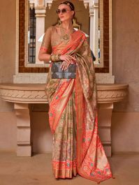 Beige Patola Silk Saree With Blouse