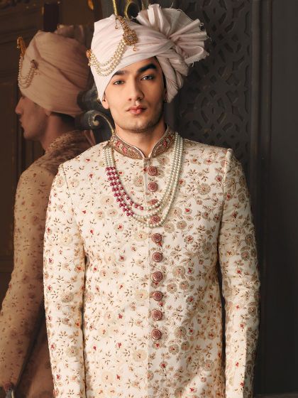 White Hand Embroidered Groom Sherwani In Silk