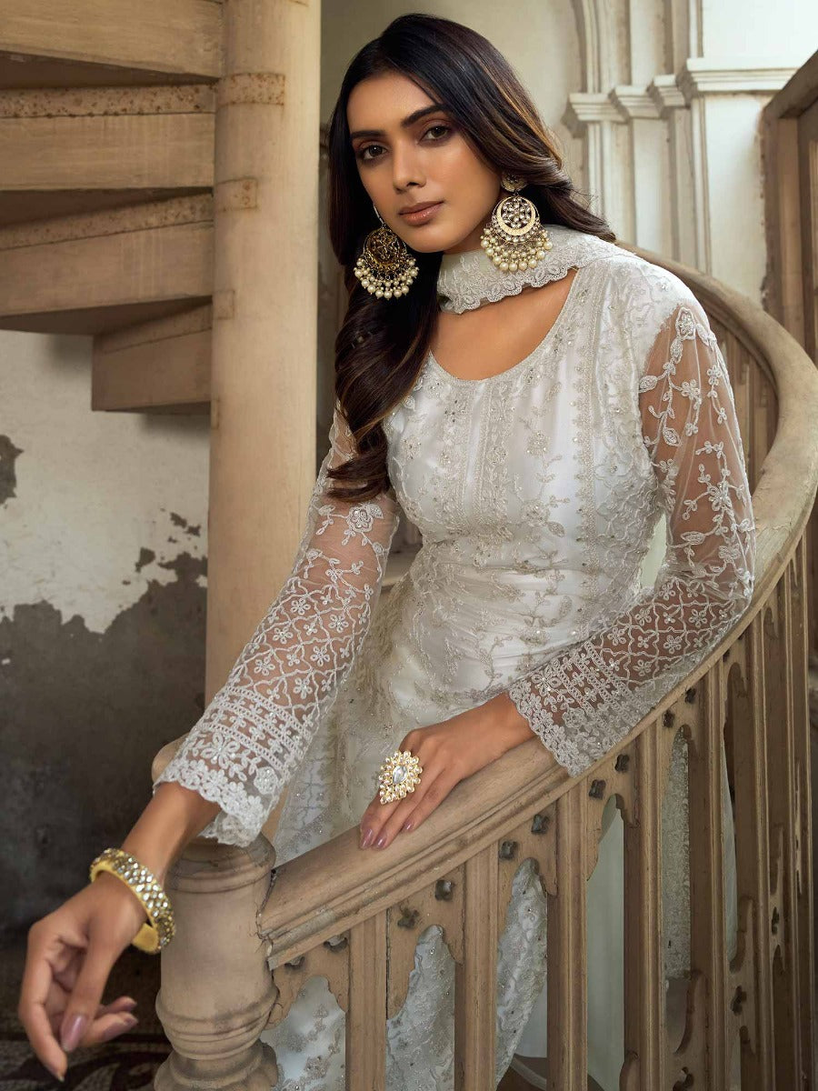 White Embroidered Palazzo Style Salwar Kameez
