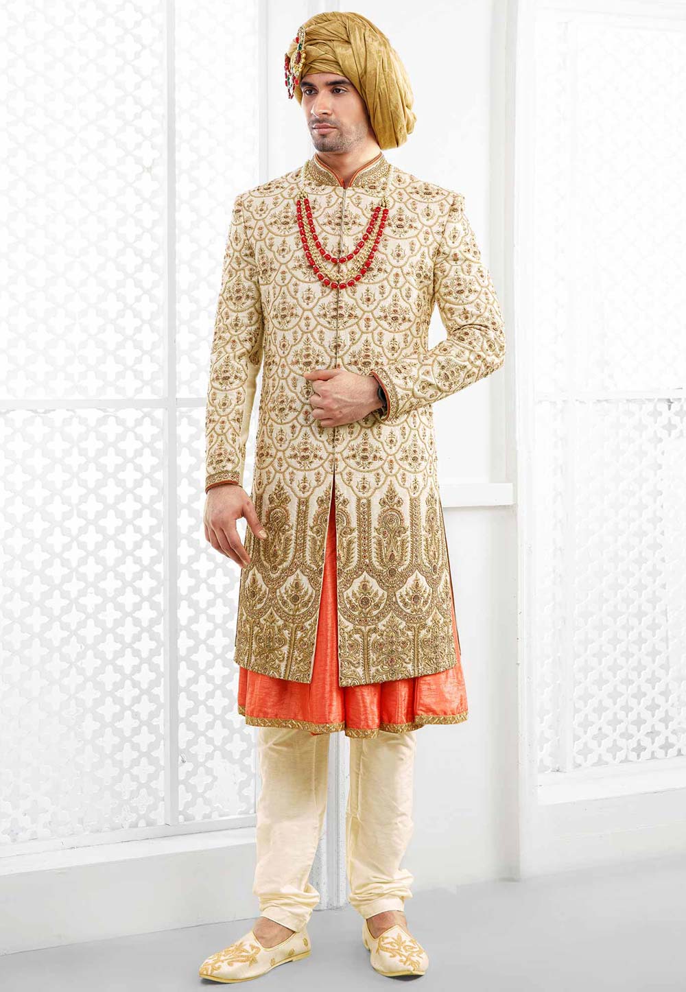 Wedding Wear Cream Sherwani for Men.