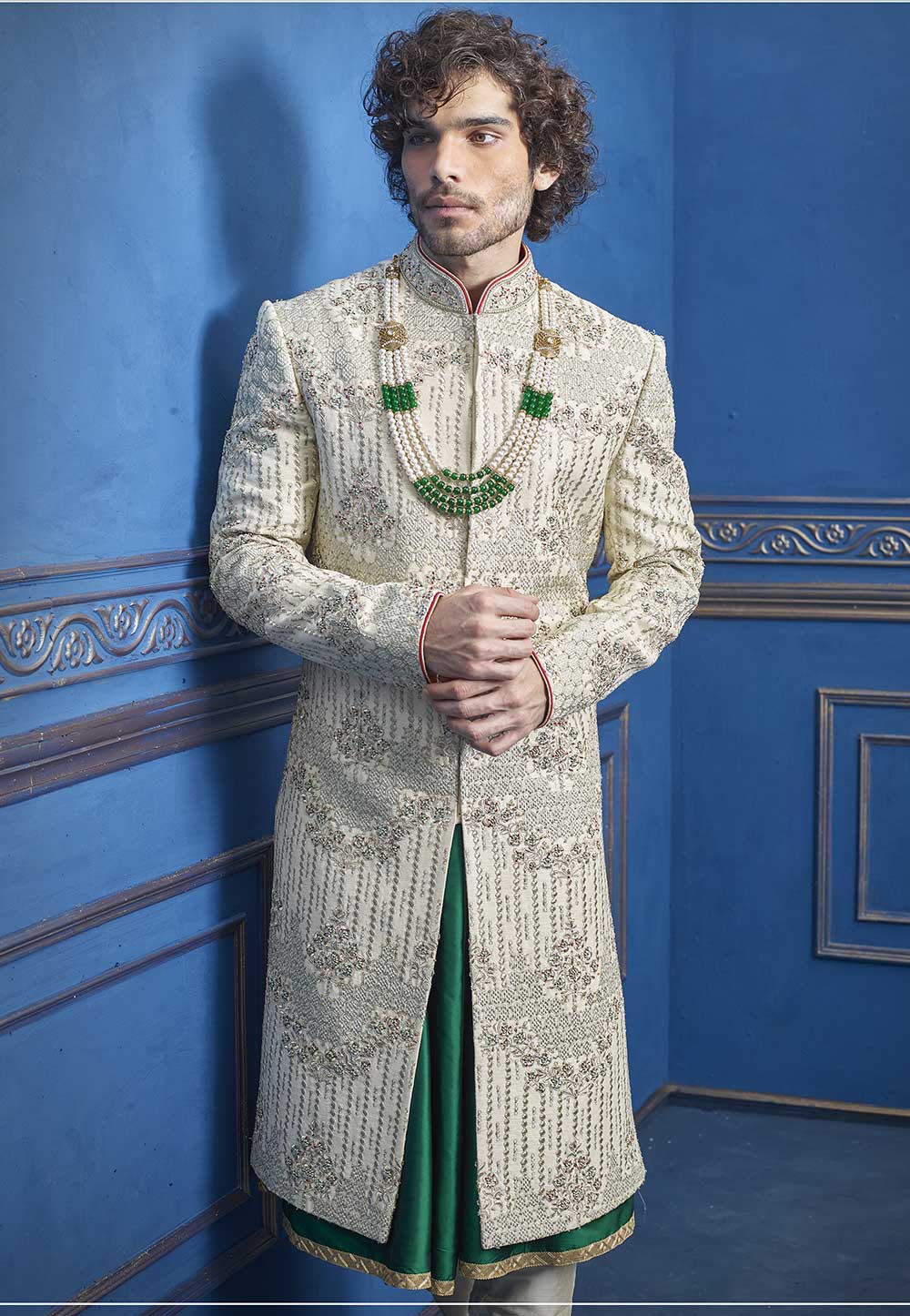 Cream Colour Silk Indian Sherwani.