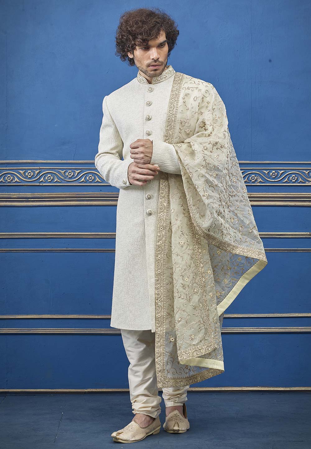 Exclusive Cream Colour Indian Designer Men's Sherwani.