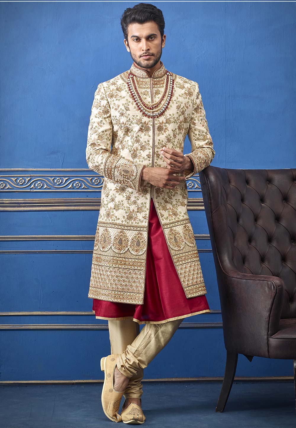 Golden Colour Silk Designer Sherwani.