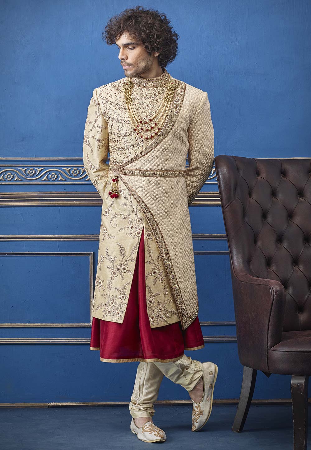 Golden Colour Silk Fabric Indian Designer Sherwani.