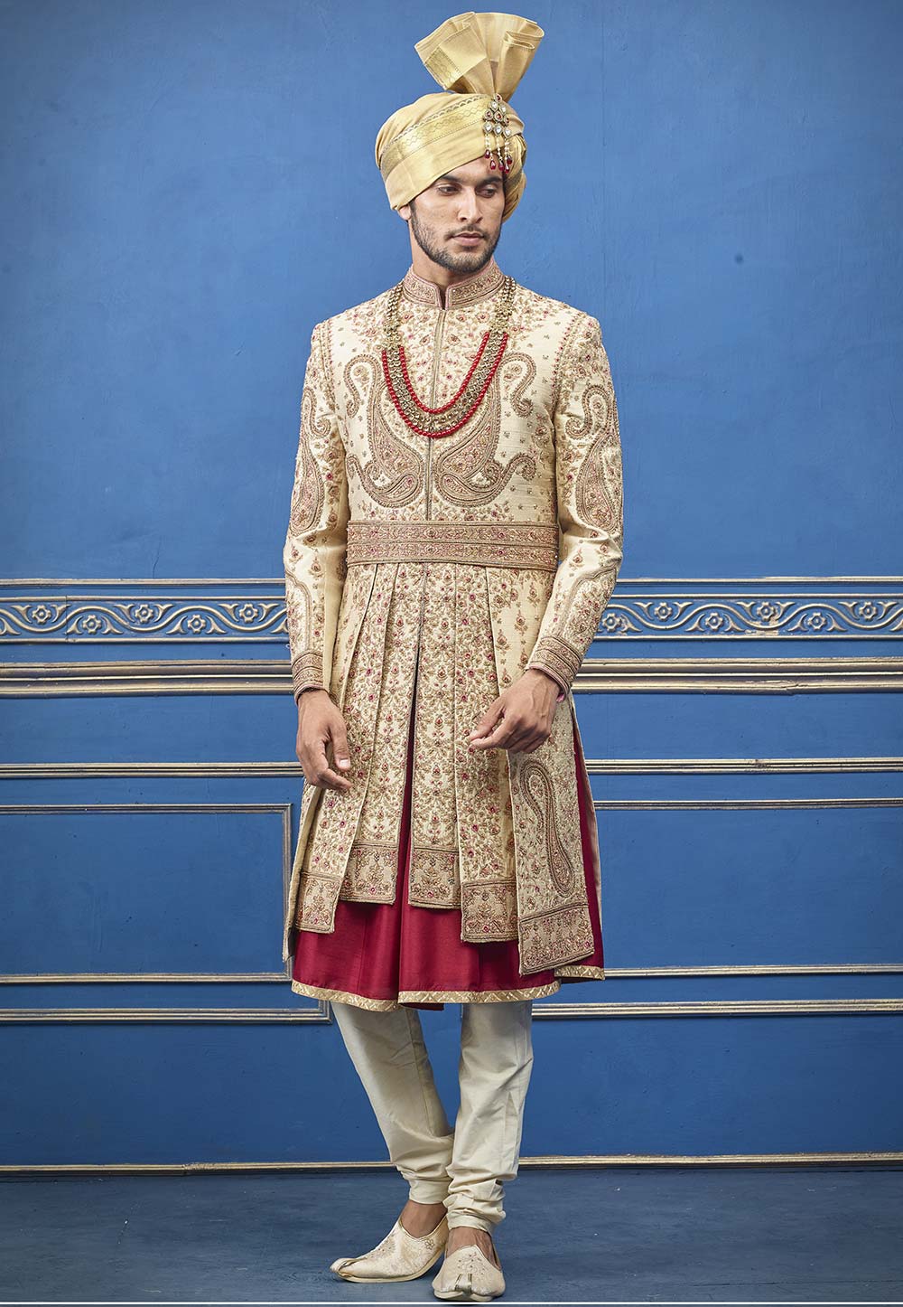 Indian Wedding Look Golden Colour Groom Sherwani.