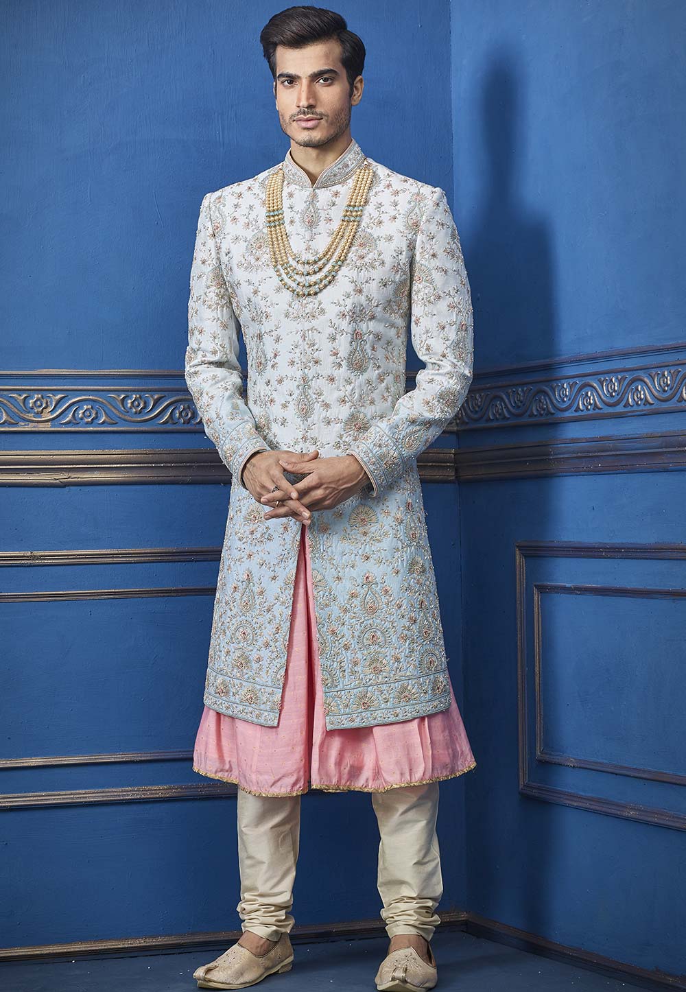 Turquoise Colour Silk Designer Men's Sherwani.