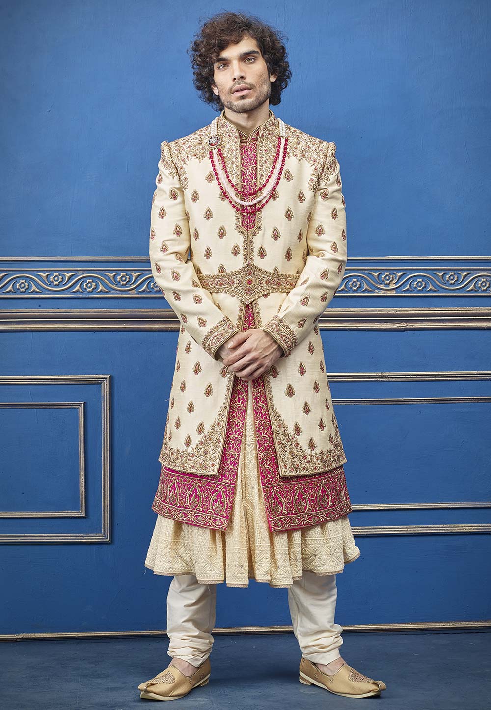 Cream Colour Silk Fabric Indian Sherwani For Men.