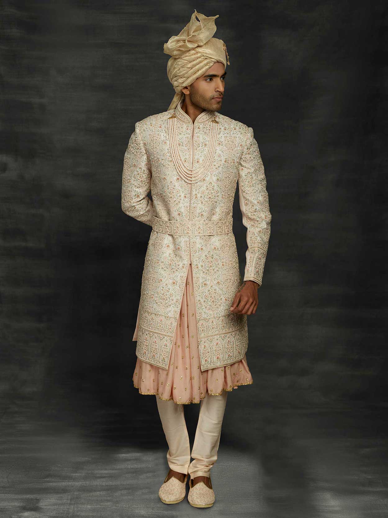Cream,Peach Colour Silk Designer Sherwani.