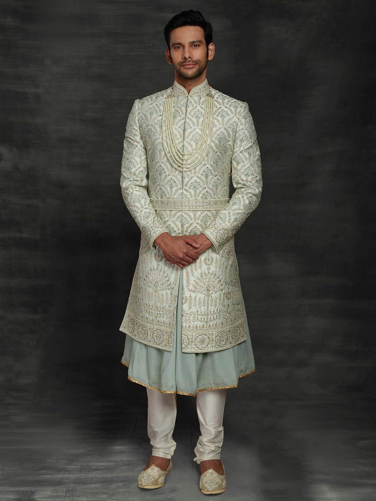 Cream, Off White Color Silk Fabric Mens Wedding Sherwani.