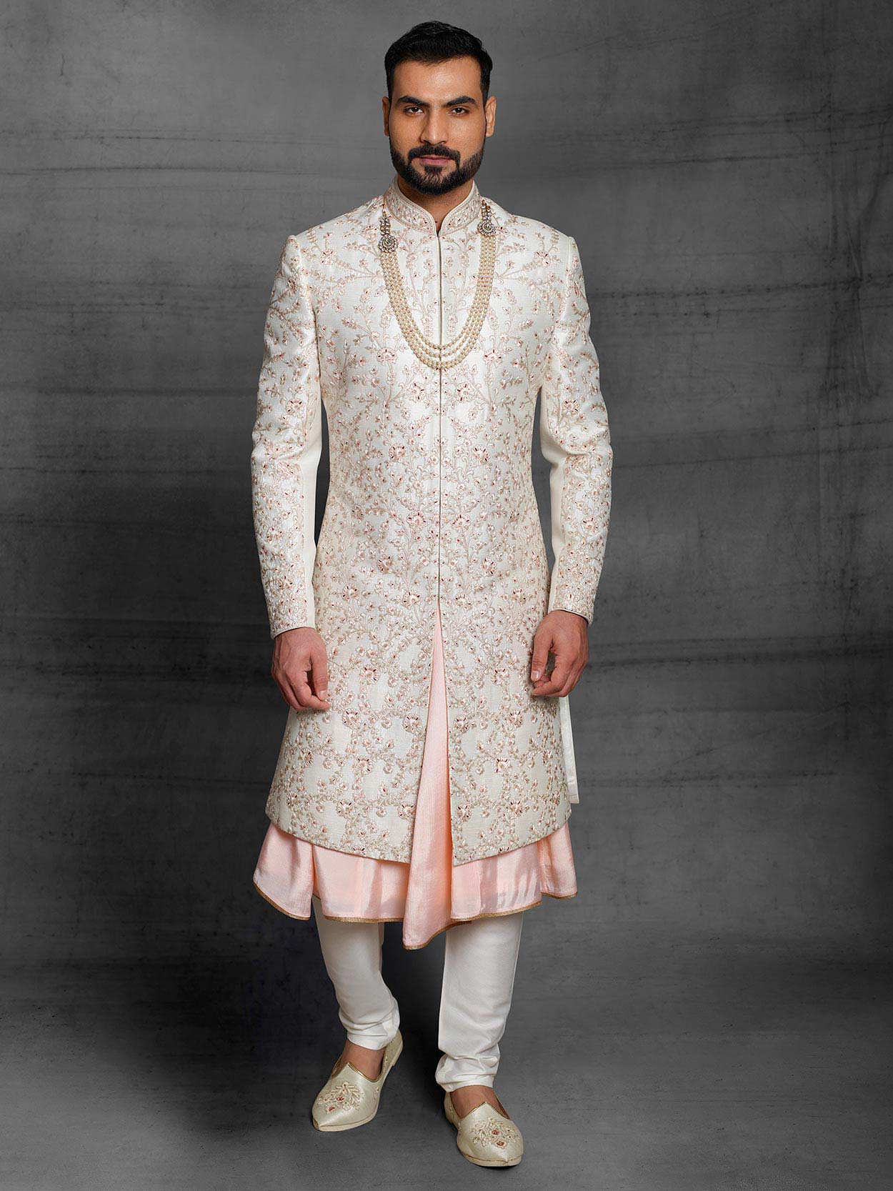 Off White,Peach Colour Silk Fabric Groom Sherwani.
