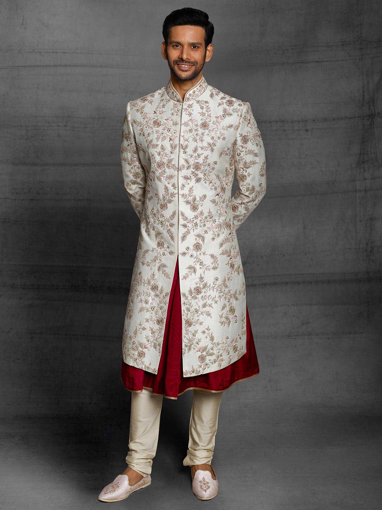 Off White,Maroon Colour Silk Fabric Wedding Sherwani.