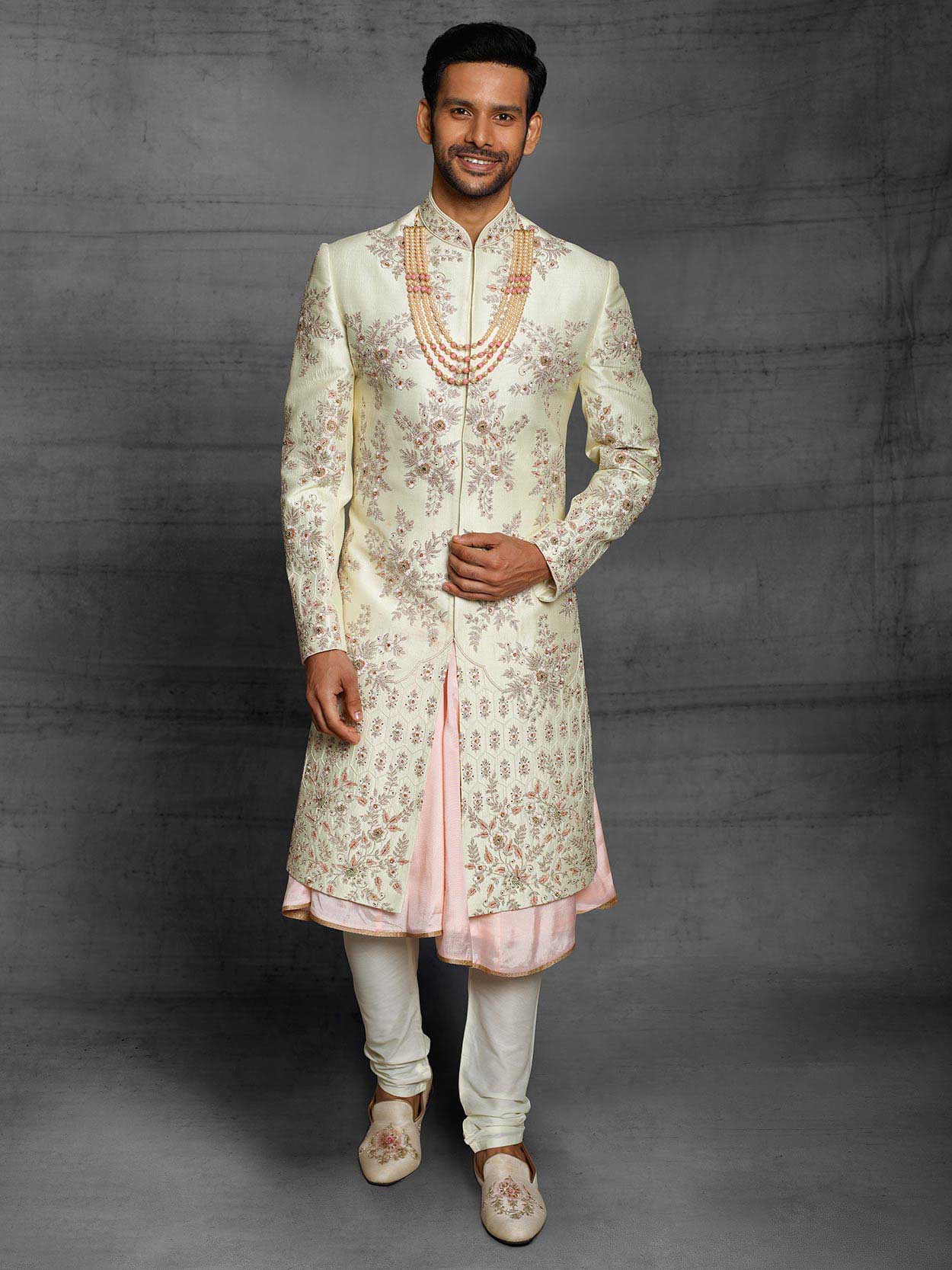 Silk Fabric Designer Sherwani Cream,Peach Colour.