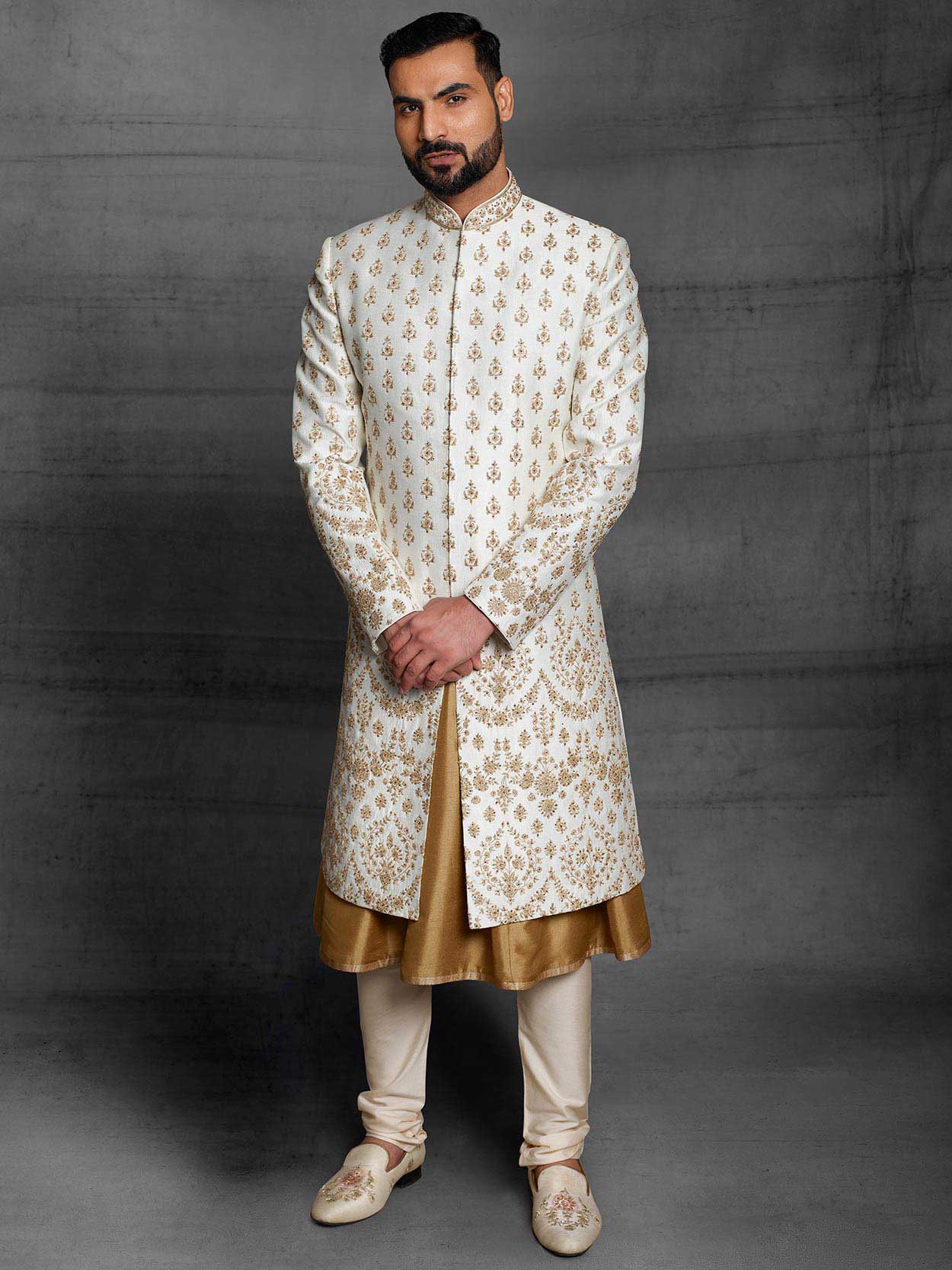 Off White,Golden Colour Silk Fabric Mens Sherwani.