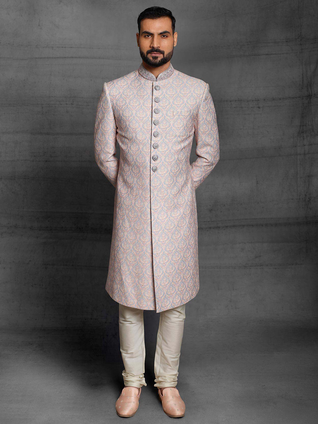 Grey,Peach Colour Silk Fabric Mens Sherwani in Thread,Hand Work.