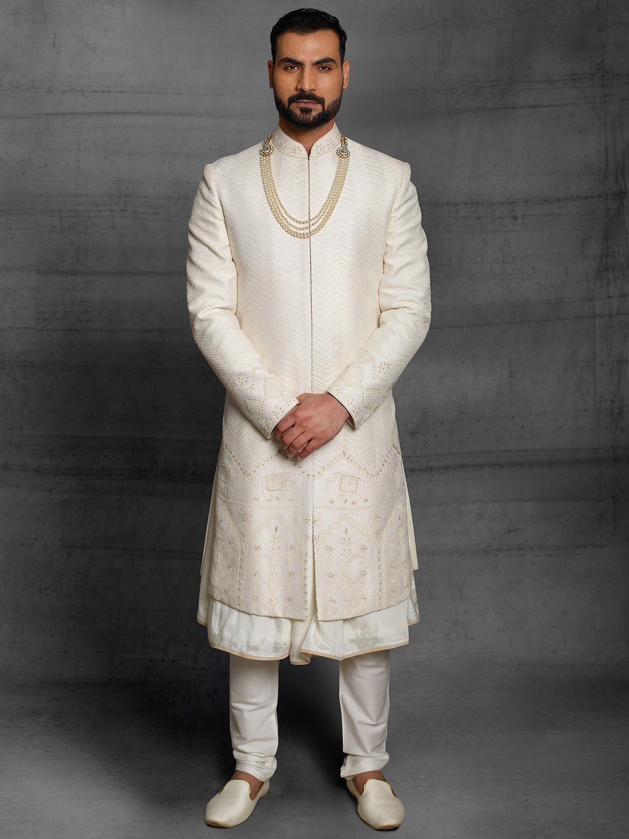 Cream,Off White Colour Silk Fabric Groom Sherwani.