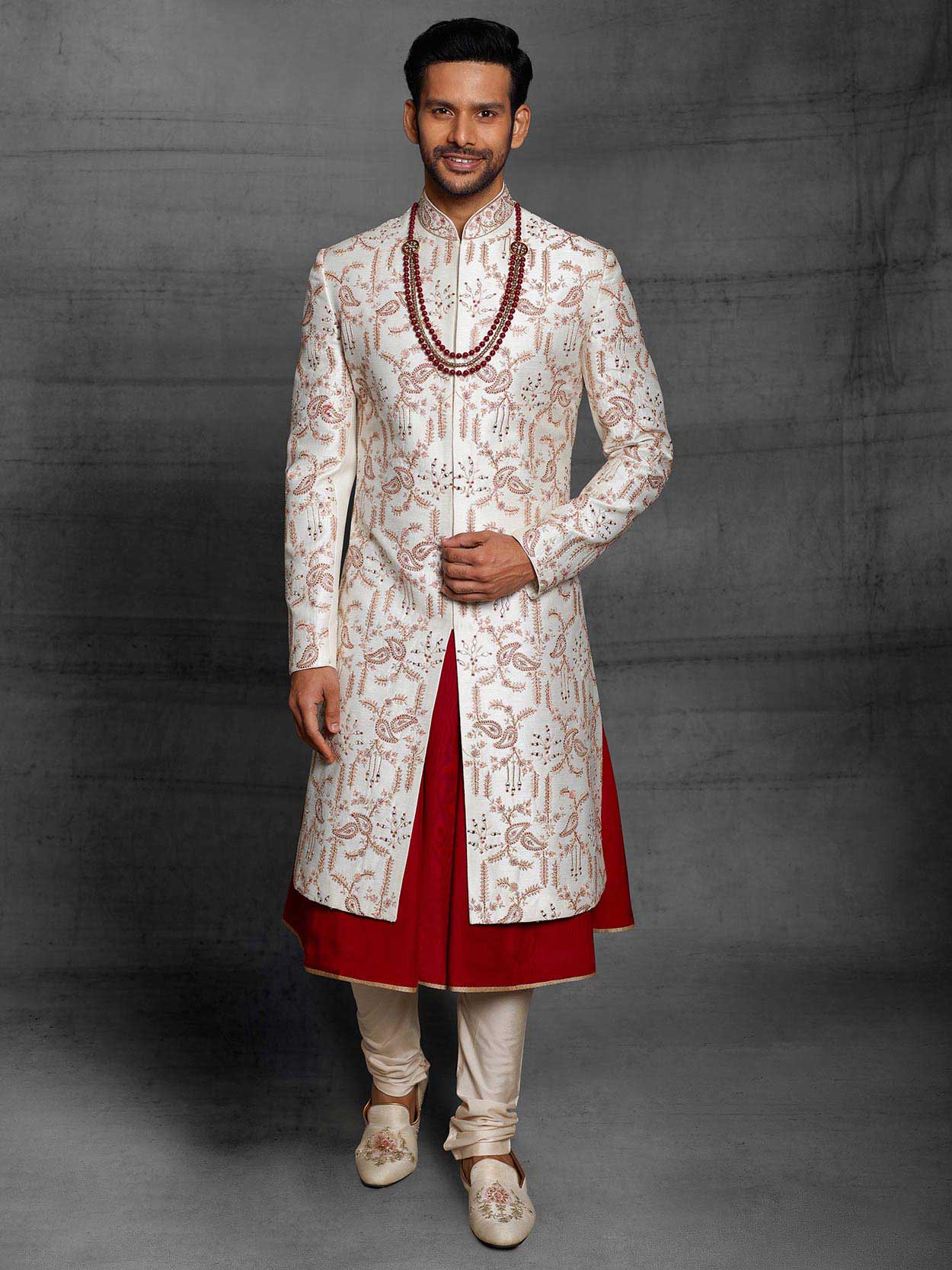 Off White,Maroon Colour Silk Designer Sherwani.