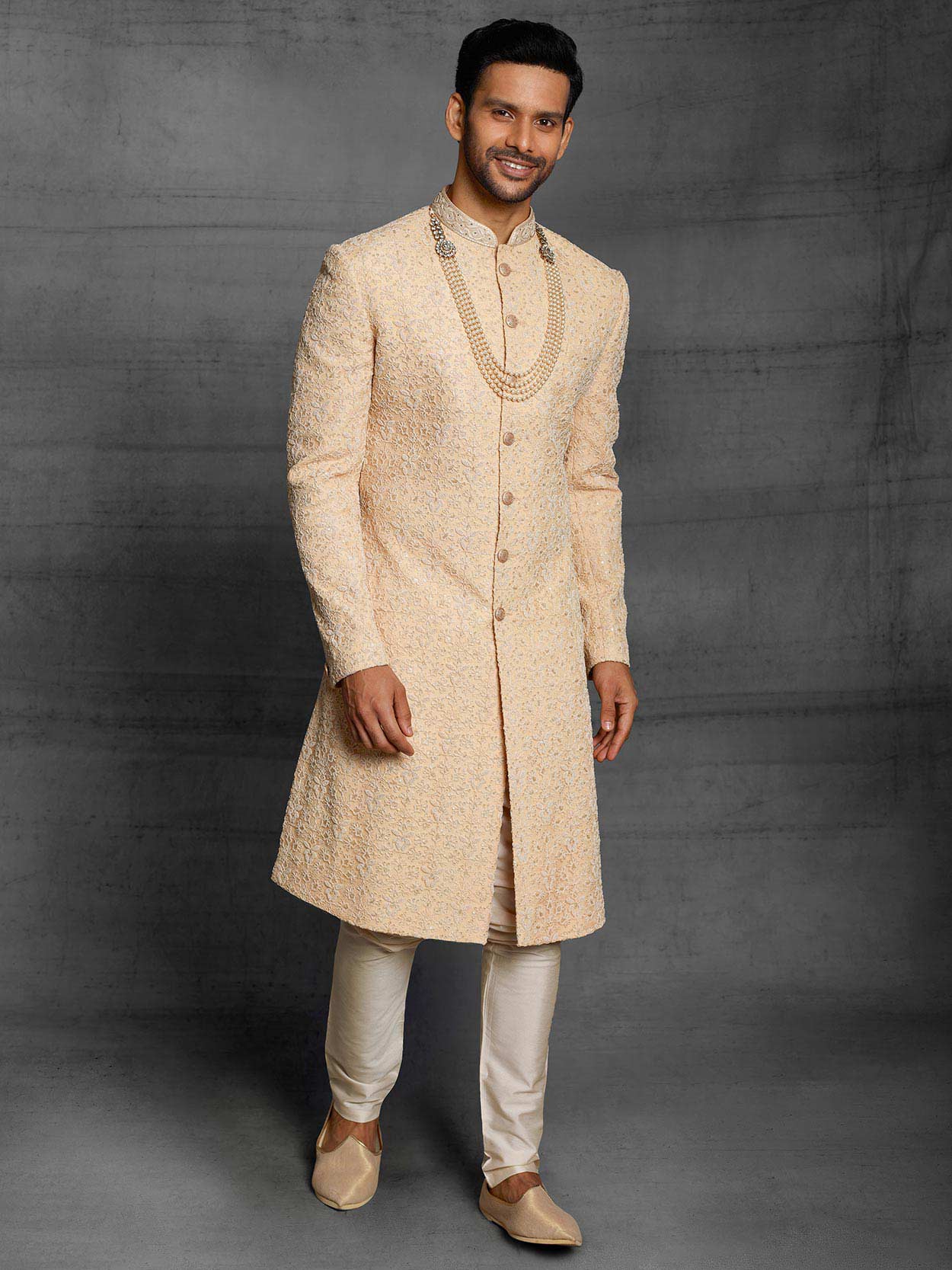 Golden Colour Silk Fabric Groom Sherwani in Thread,Hand Work.