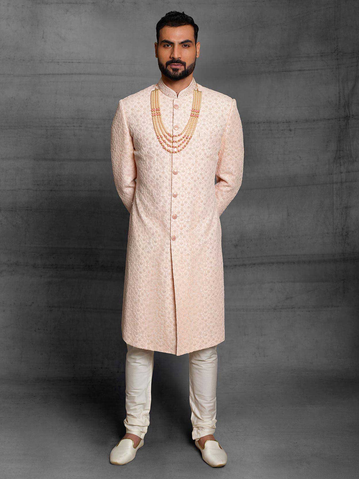 Peach Colour Silk Fabric Mens Designer Sherwani.