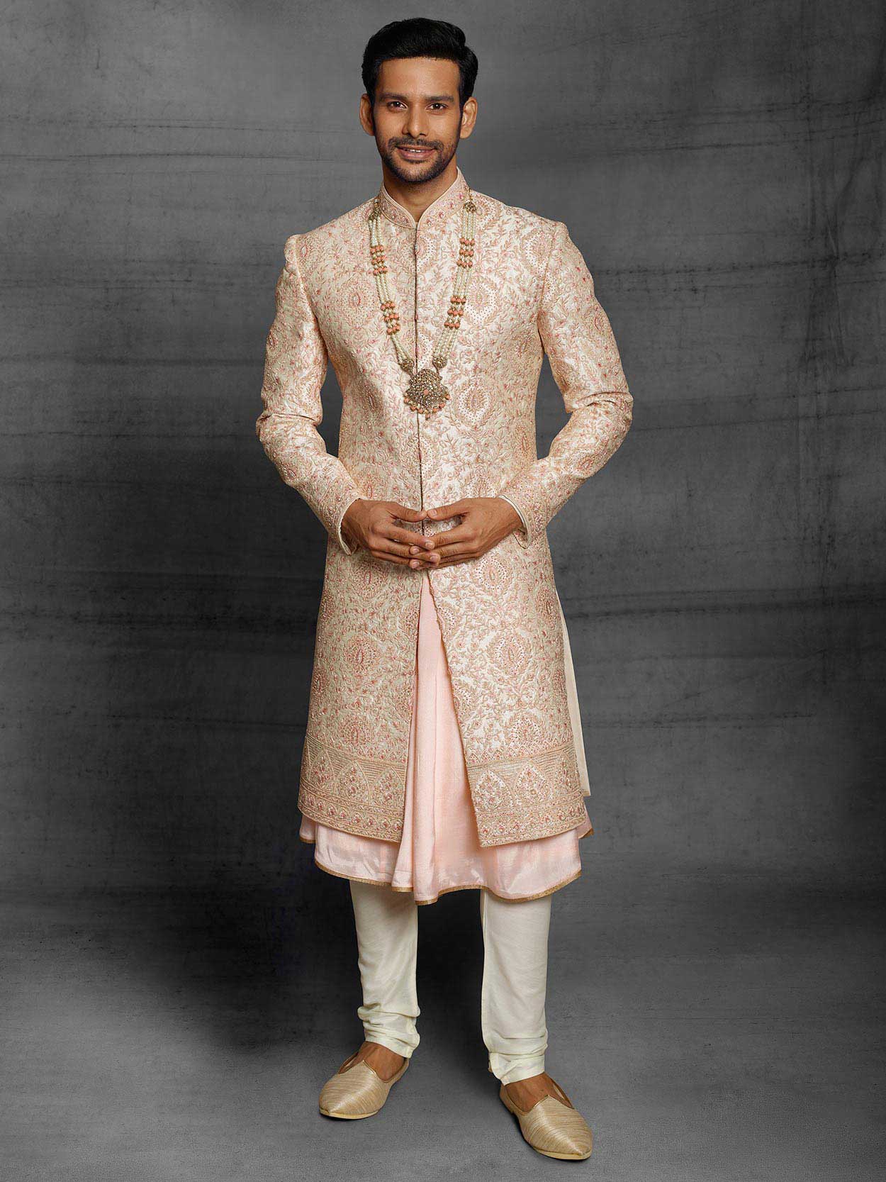 Cream,Peach Colour Silk Fabric Groom Sherwani in Thread,Hand Work.