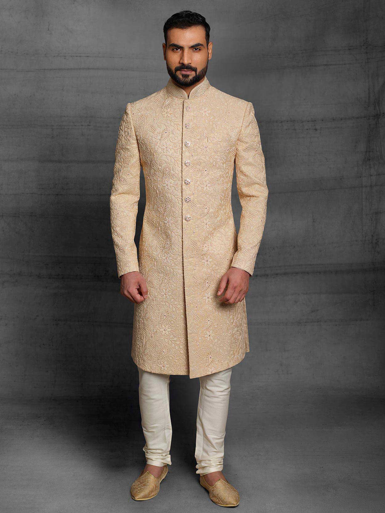 Silk Fabric Wedding Sherwani Golden Colour in Thread,Hand Work.
