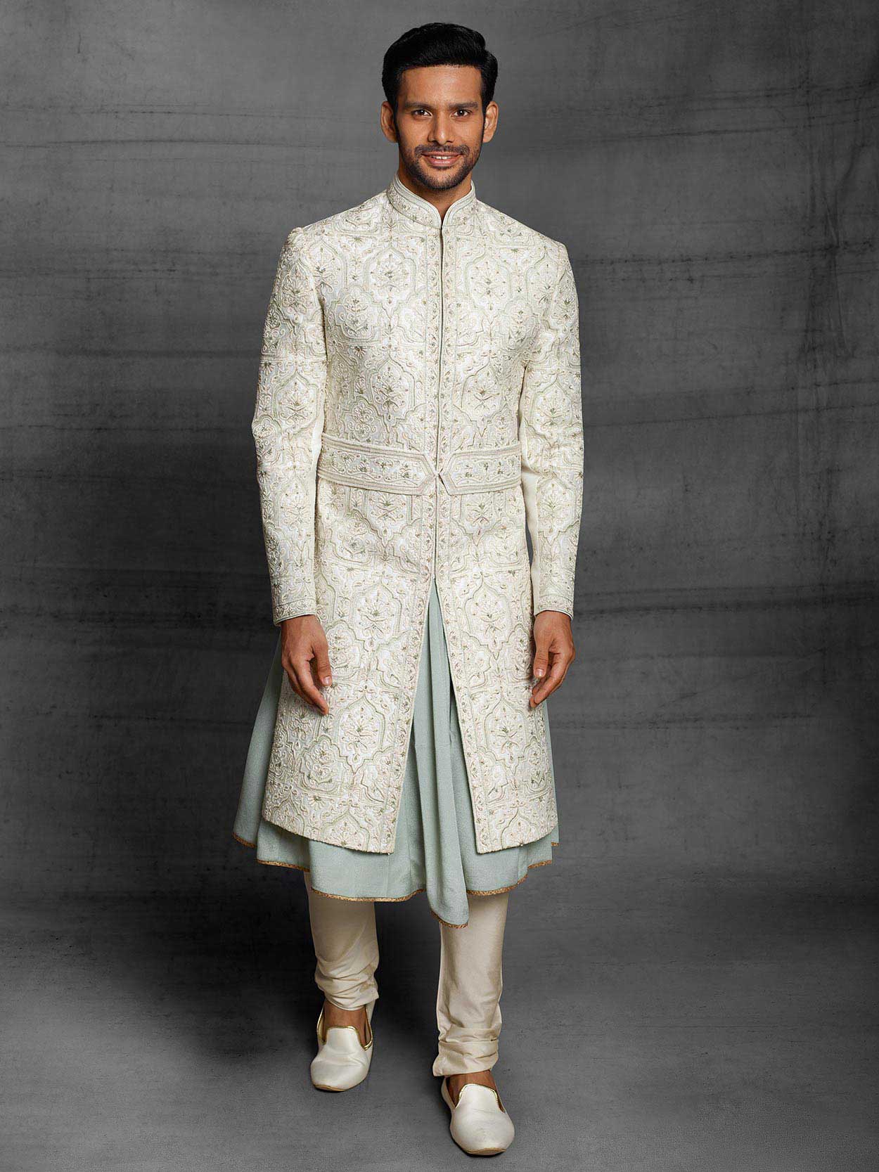 Off White,Sky Blue Colour Silk Fabric Mens Sherwani.