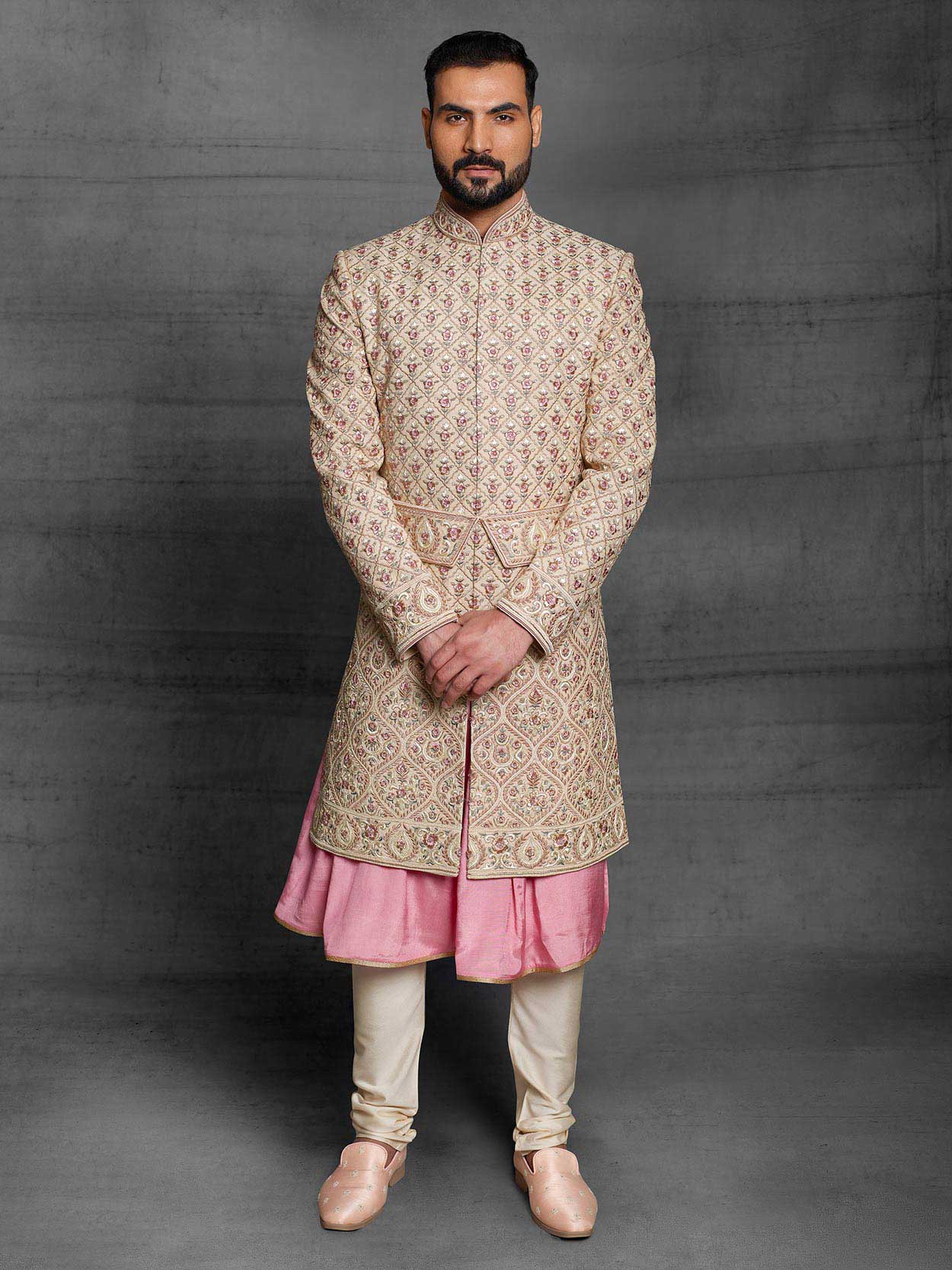 Golden,Pink Colour Silk Fabric Groom Sherwani in Thread,Hand Work.