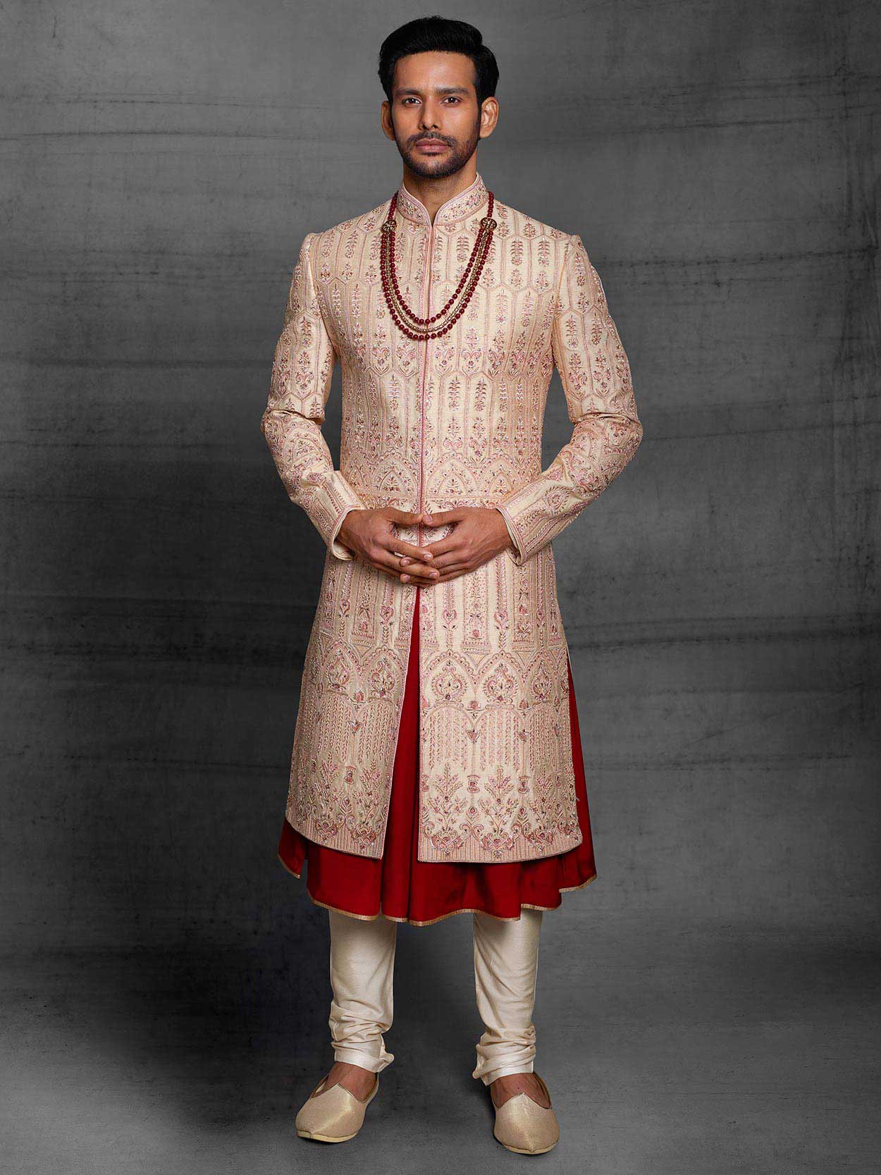 Golden,Maroon Colour Silk Fabric Groom Sherwani.