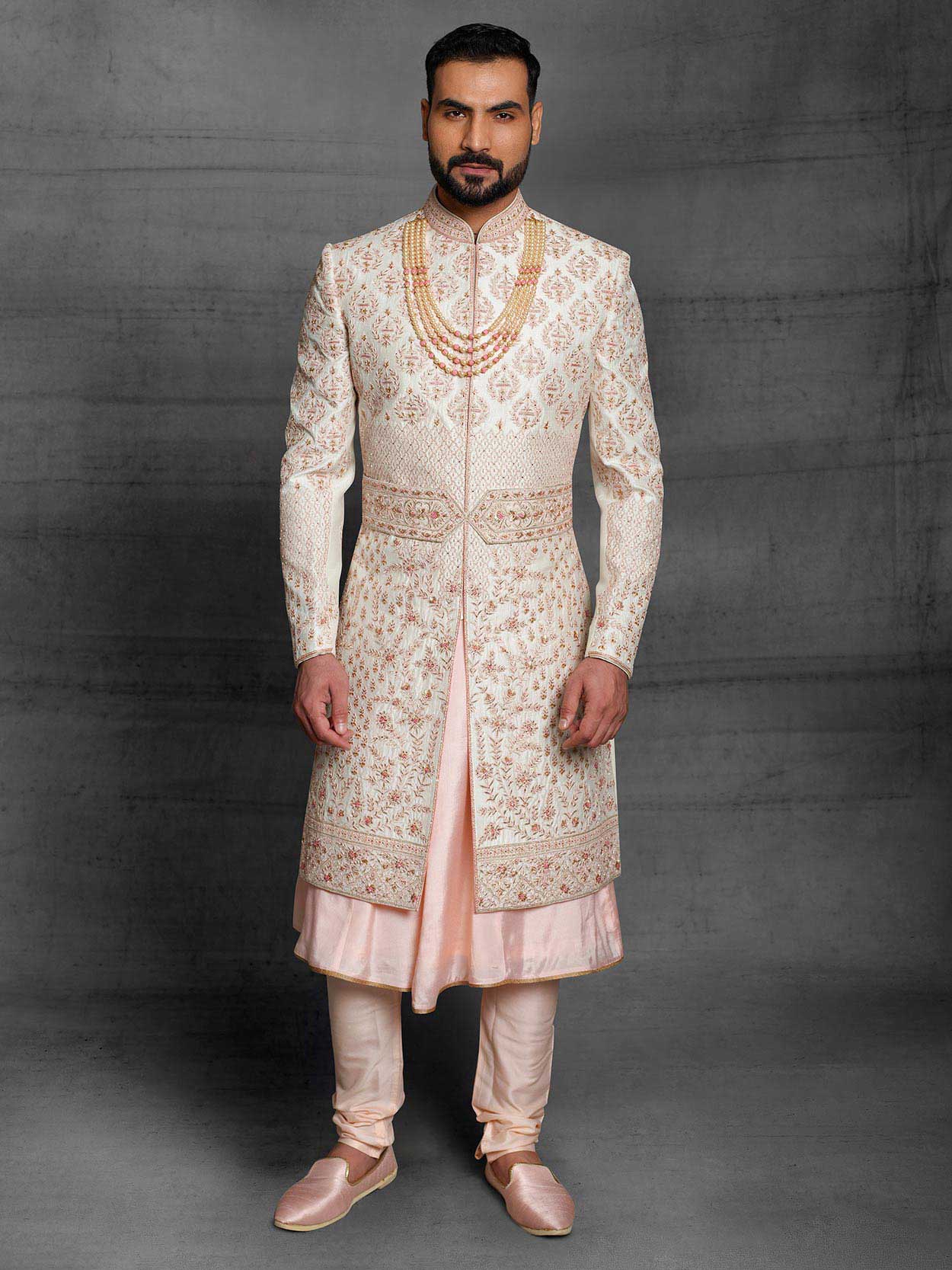 Off White,Peach Colour Silk Fabric Mens Wedding Sherwani.
