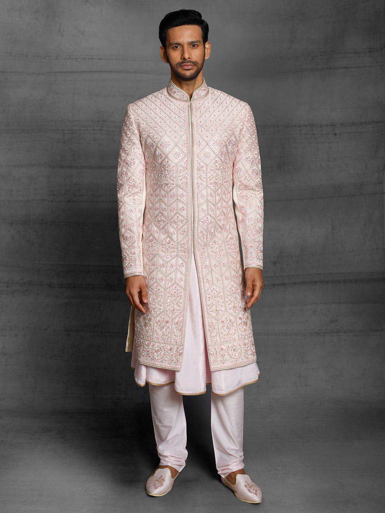 Light Pink Colour Silk Fabric Sherwani in Thread,Hand Work.