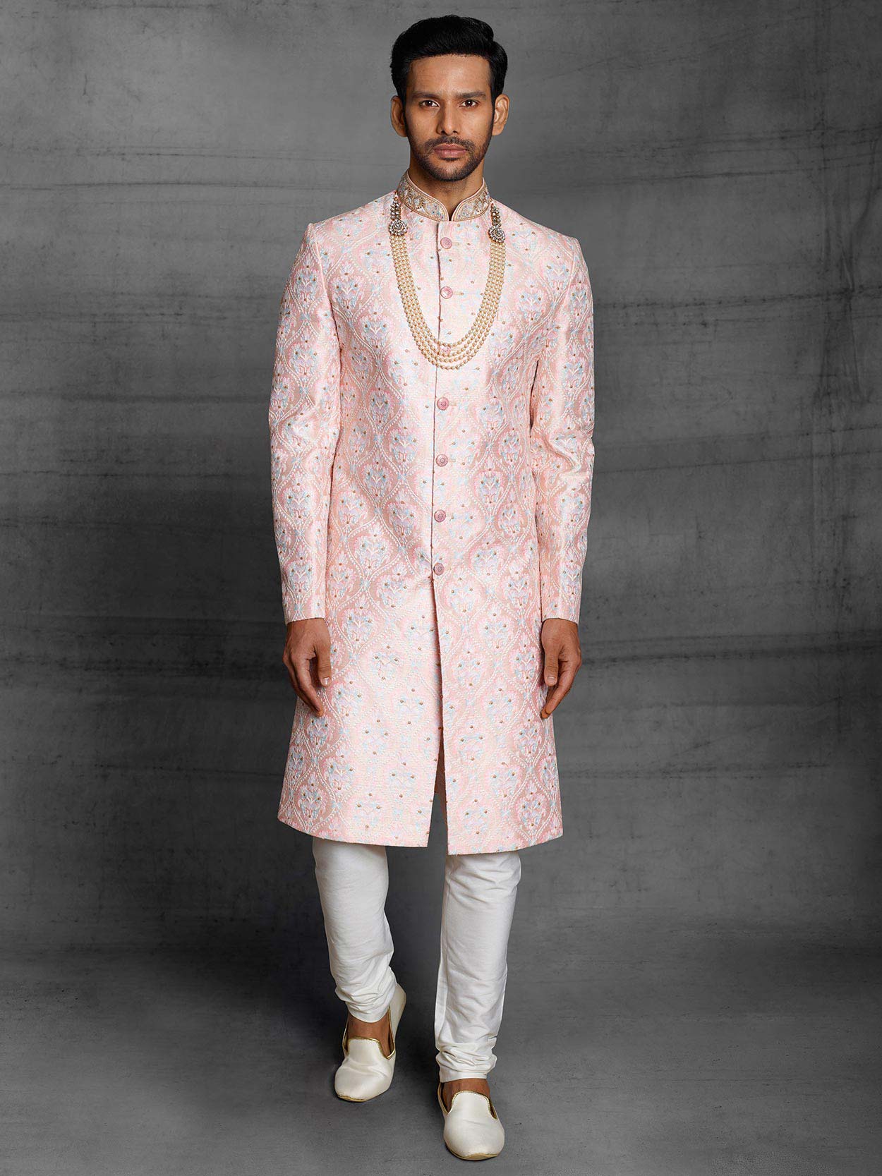 Pink Colour Silk Fabric Mens Sherwani.
