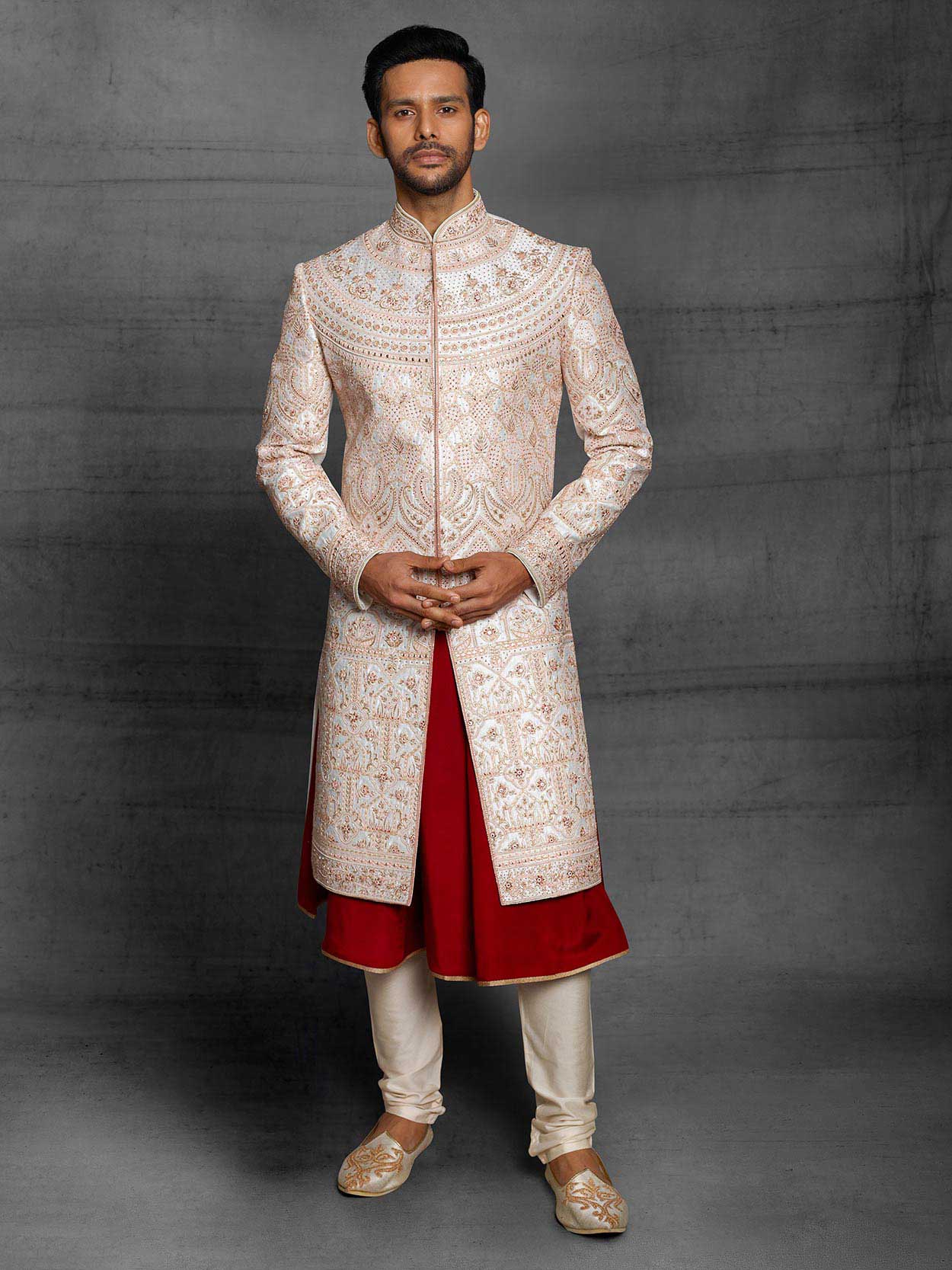 Off White,Maroon Colour Silk Wedding Sherwani.