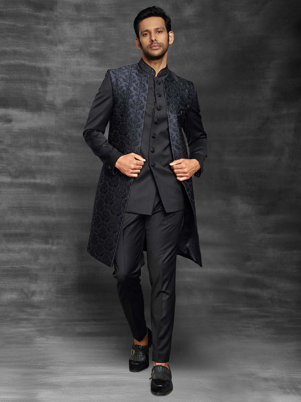 Black Colour Stylish Designer Indowestern in Imported Fabric.