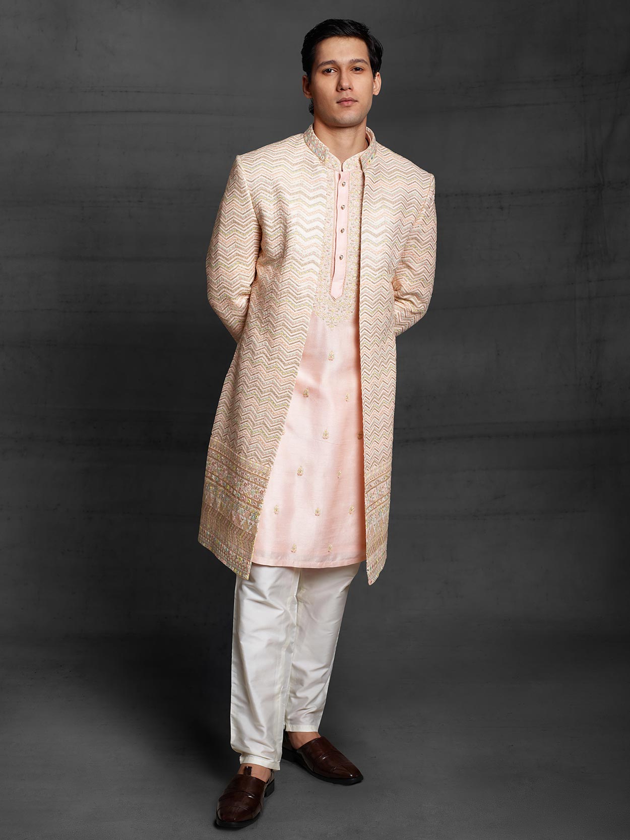 Imported Fabric Mens Indowestern Peach Colour.