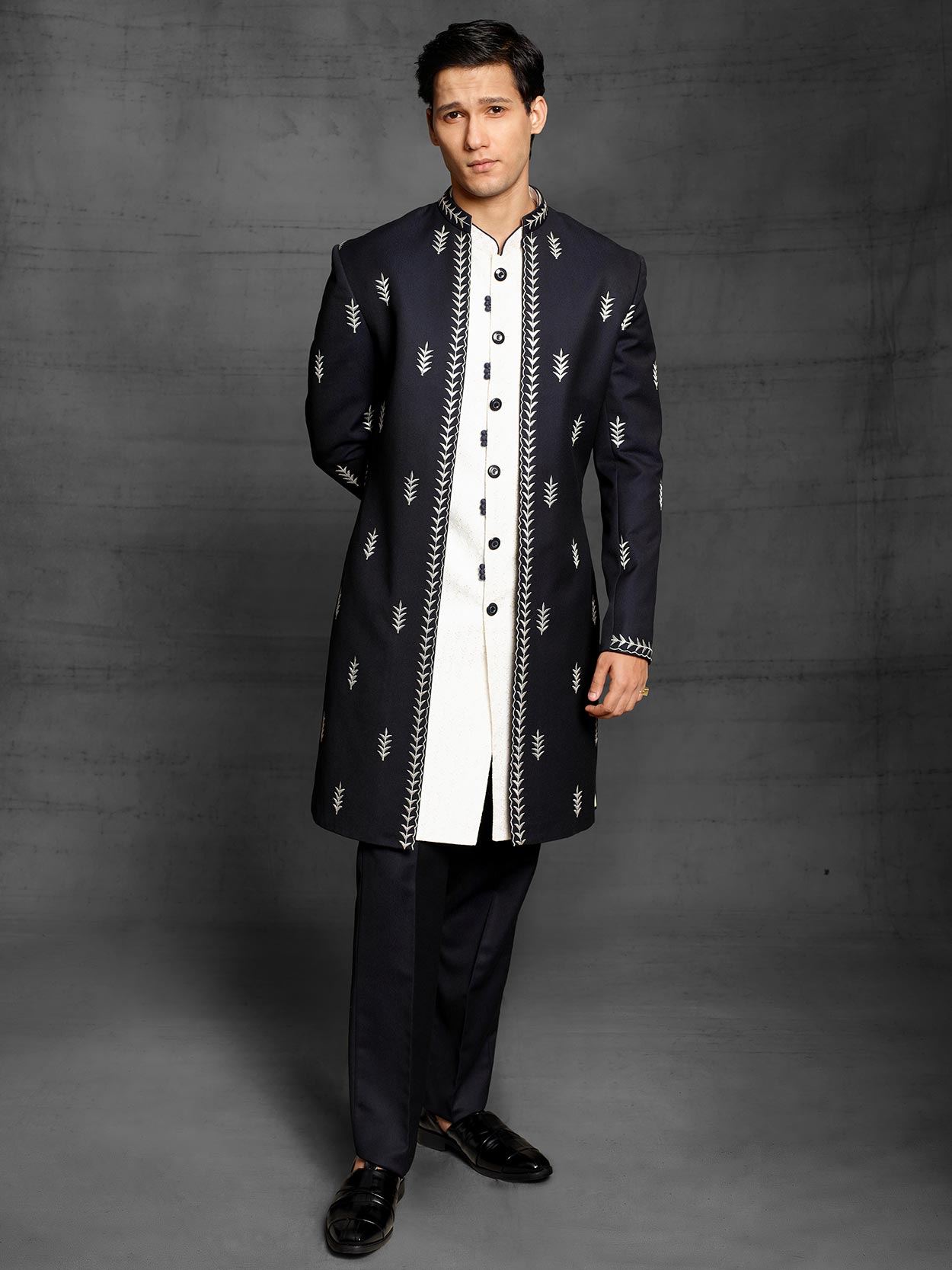 Elegant Black,White Colour Designer Indowestern Imported Fabric.