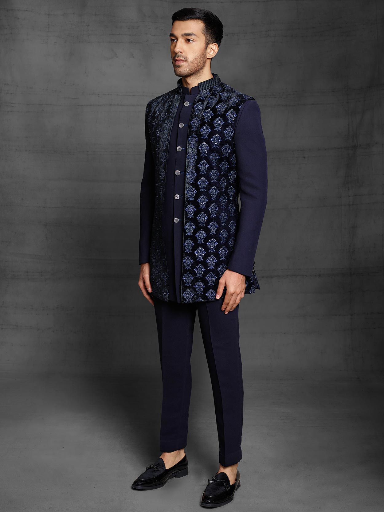 Blue Colour Velvet Fabric Mens Indowestern.