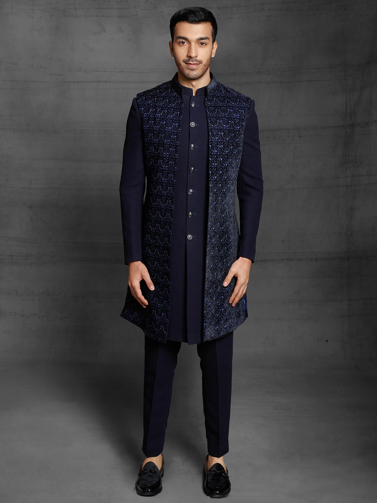 Blue Colour Imported Fabric Wedding Indowestern For Men.