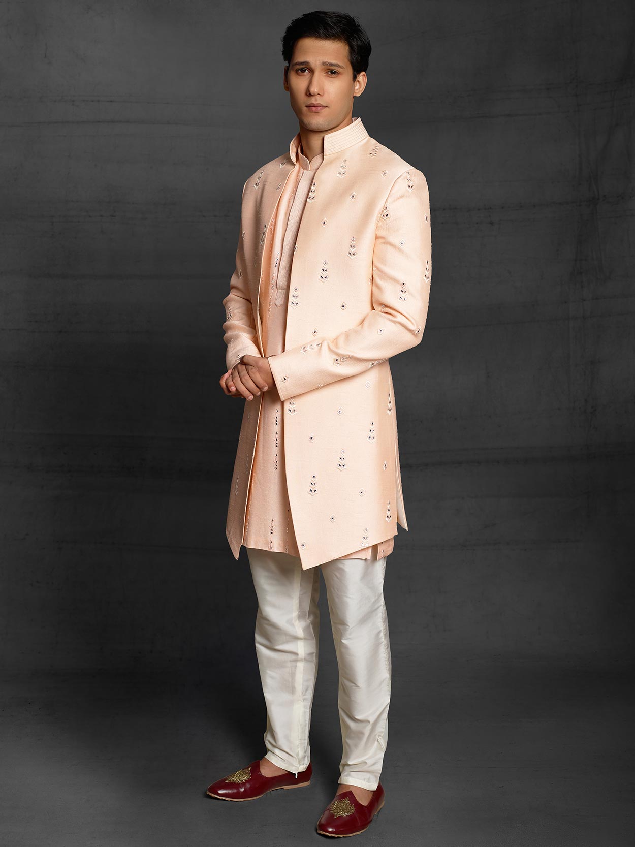 Simple and Elegant Peach Colour Imported Fabric Mens Indowestern.