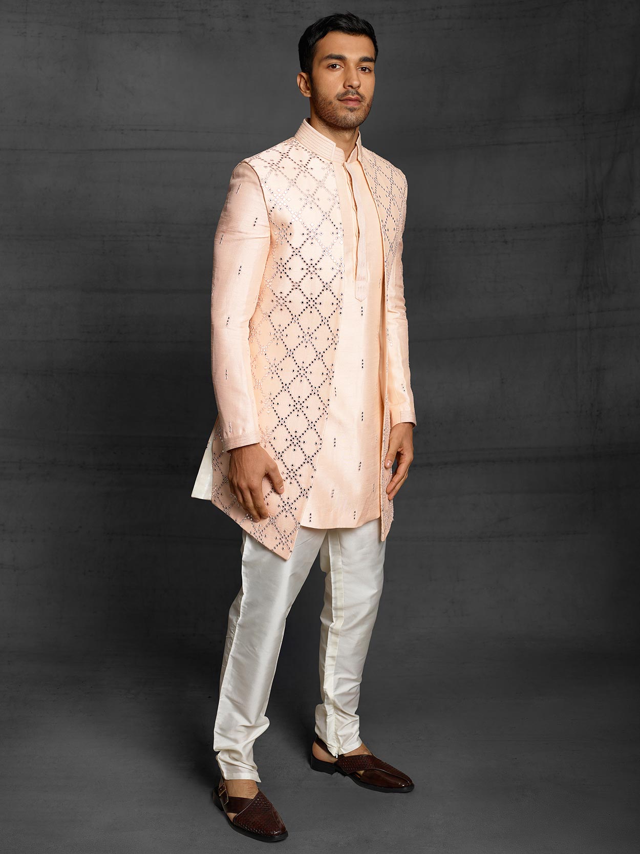Peach Colour Imported Fabric Designer Mens Indowestern.