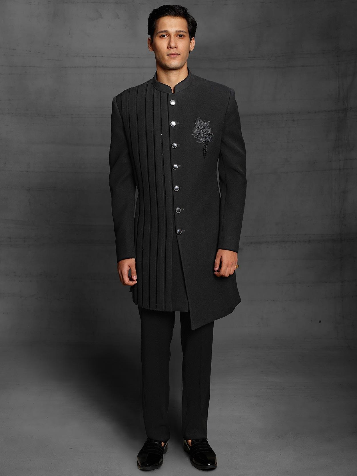 Black Colour Party Wear Mens Indowestern Imported Fabric.