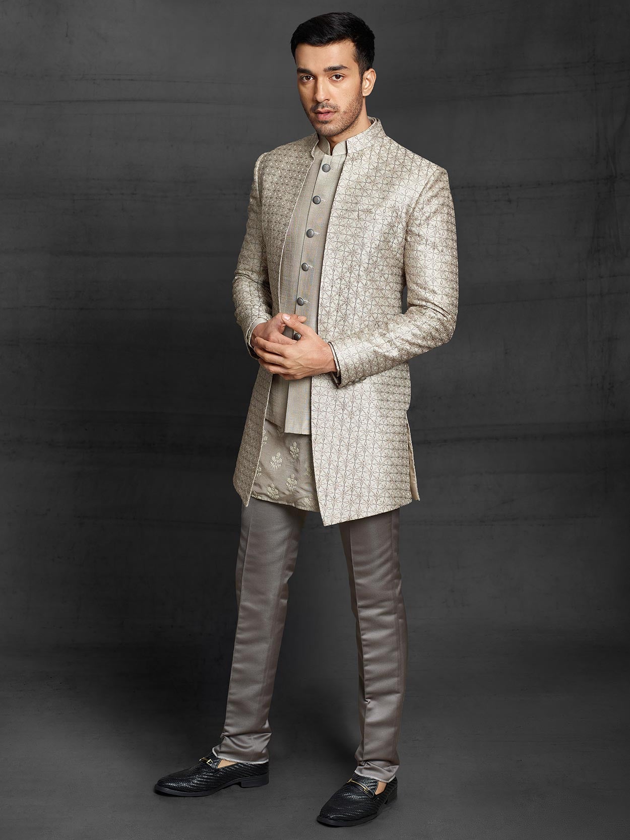 Silver Colour Imported Fabric Mens Indowestern.