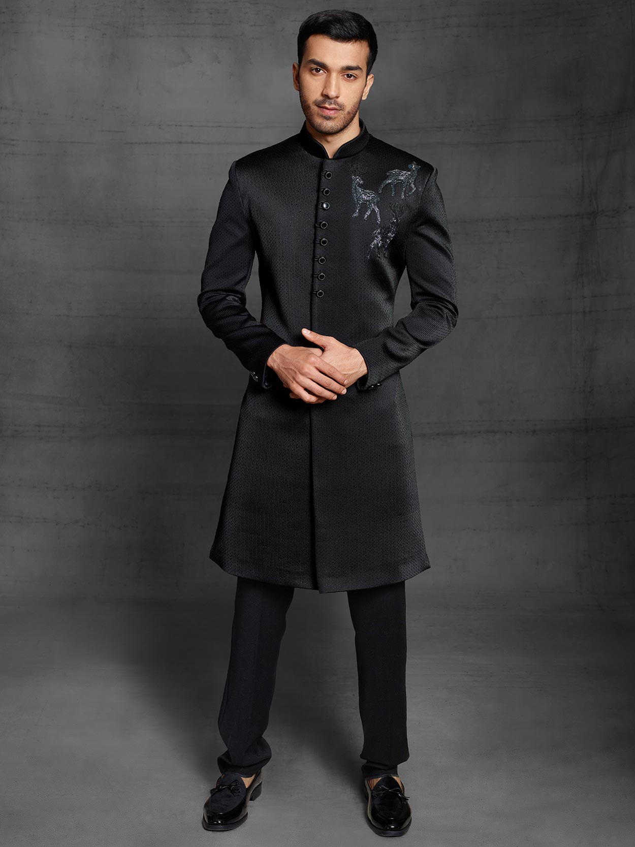 Black Colour Party Wear Indowestern For Men in Imported Fabric.