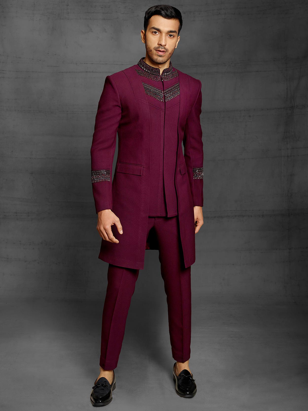 Elegant Wine Colour Imported Fabric Designer Mens Indowestern.