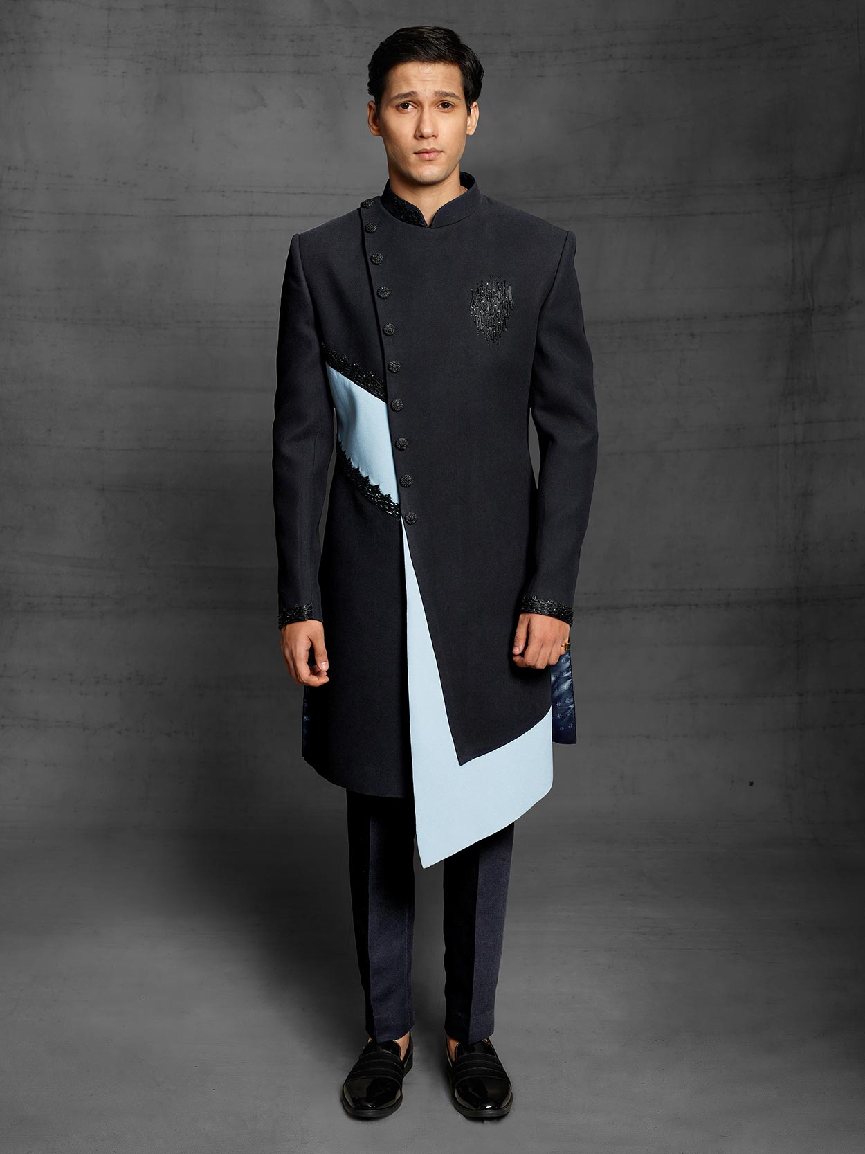 Black Colour Mens Designer Indowestern in Imported Fabric.
