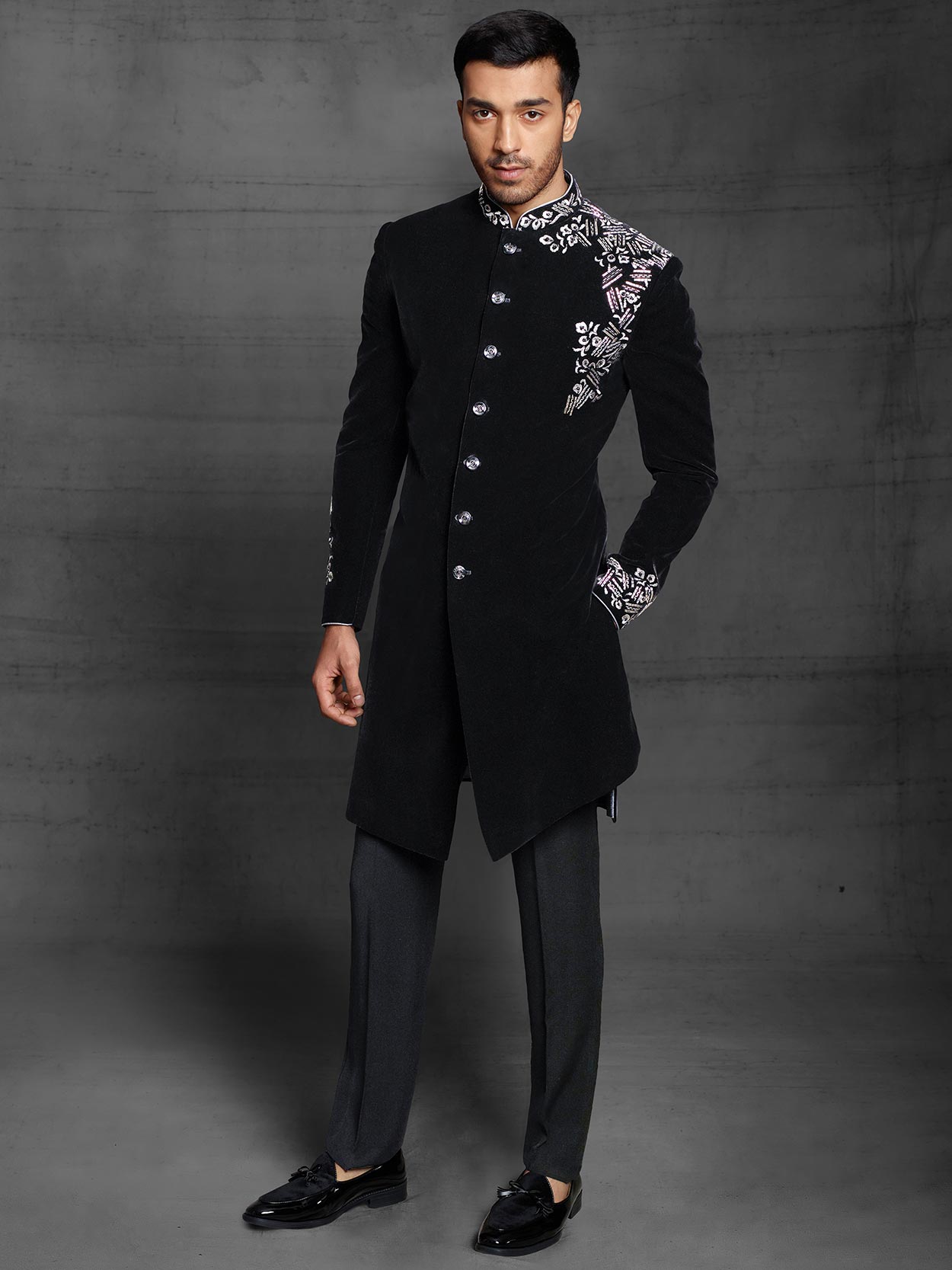 Black Colour Velvet Fabric Designer Mens Indowestern.