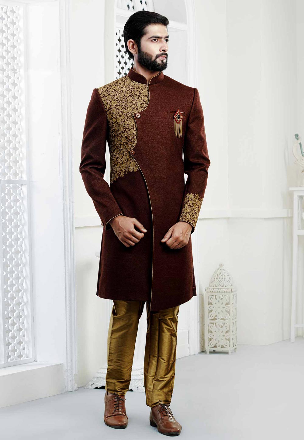 Maroon Indowestern sherwani for men