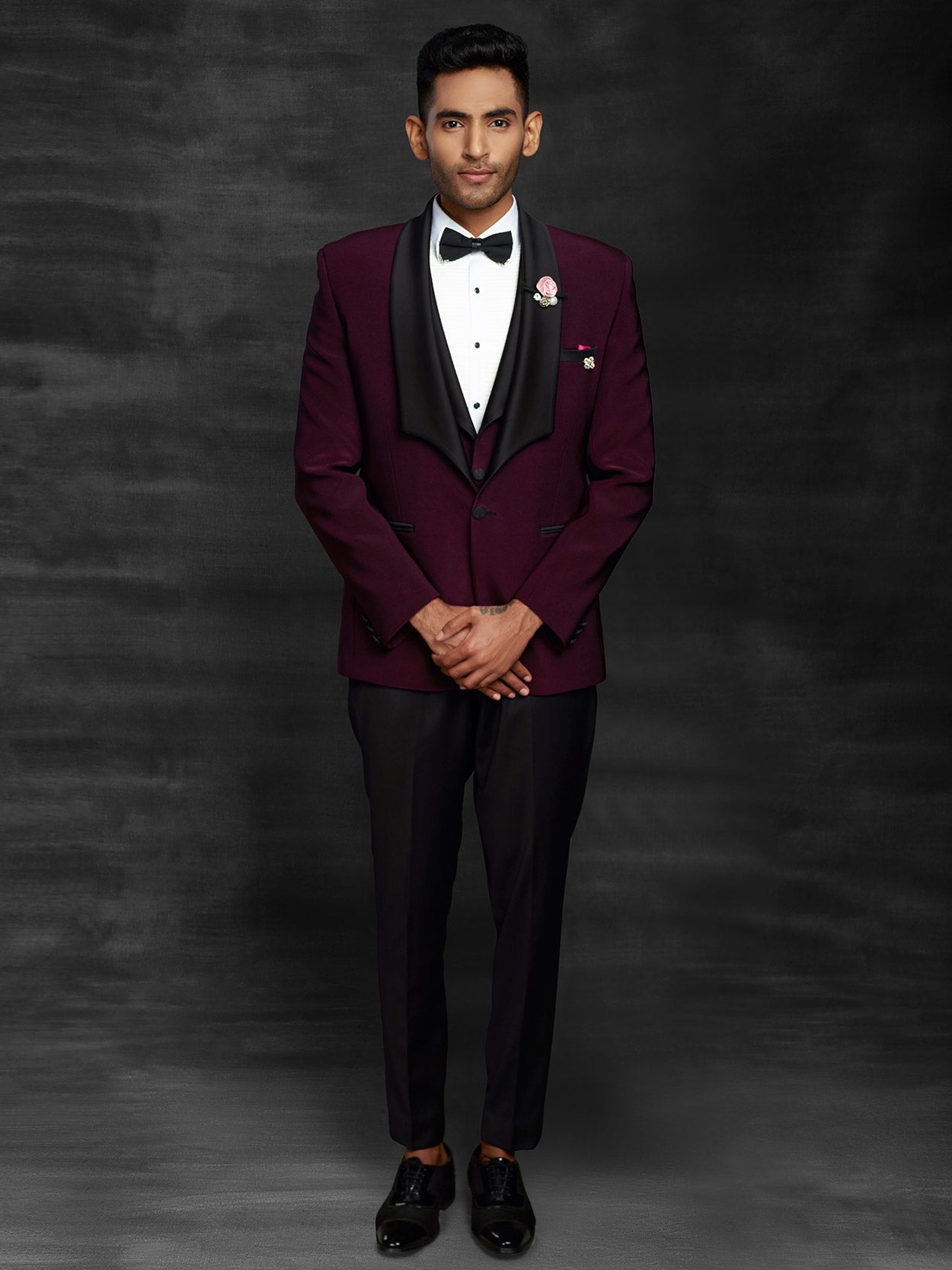 Wine Colour Imported Fabric Designer Tuxedo Suit.