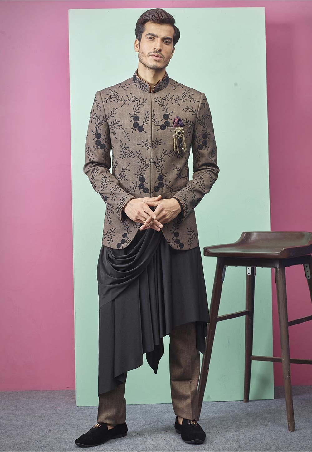 Brown Thread Embroidered Designer Jodhpuri Dress